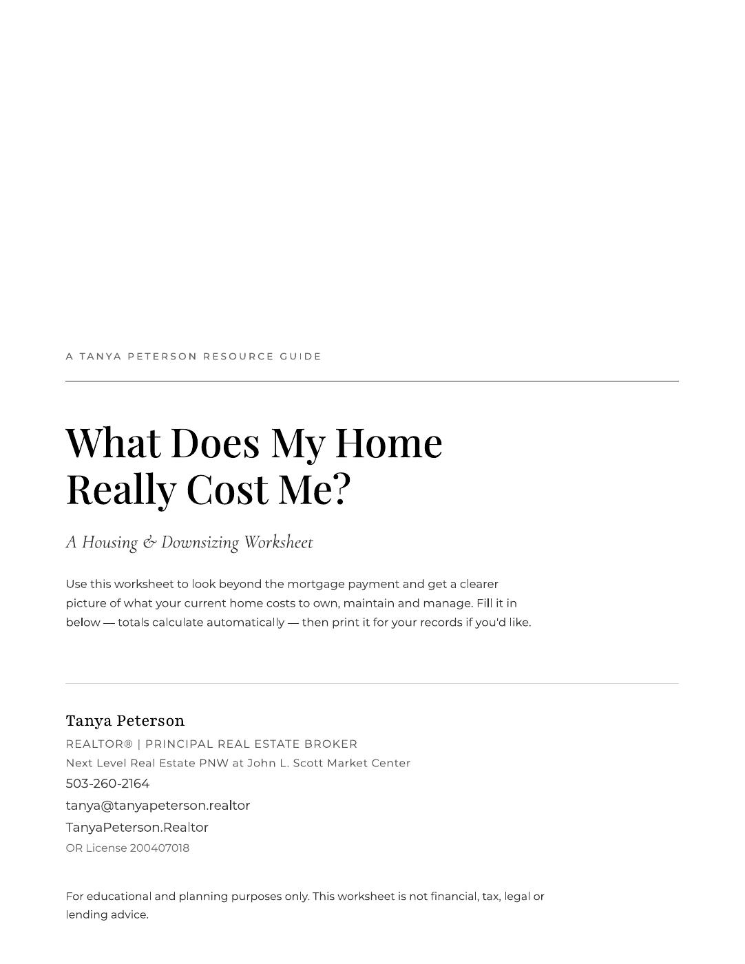 Cover of the Monthly Housing Cost Worksheet