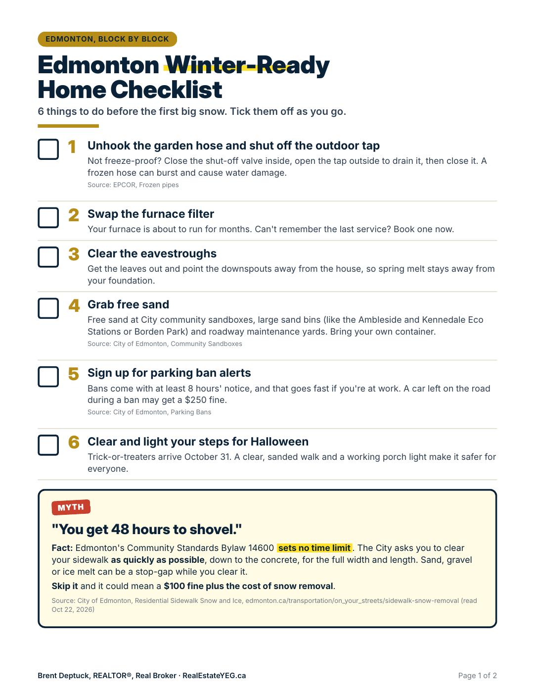 Cover of the free Edmonton Winter-Ready Home Checklist by Brent Deptuck, Real Broker