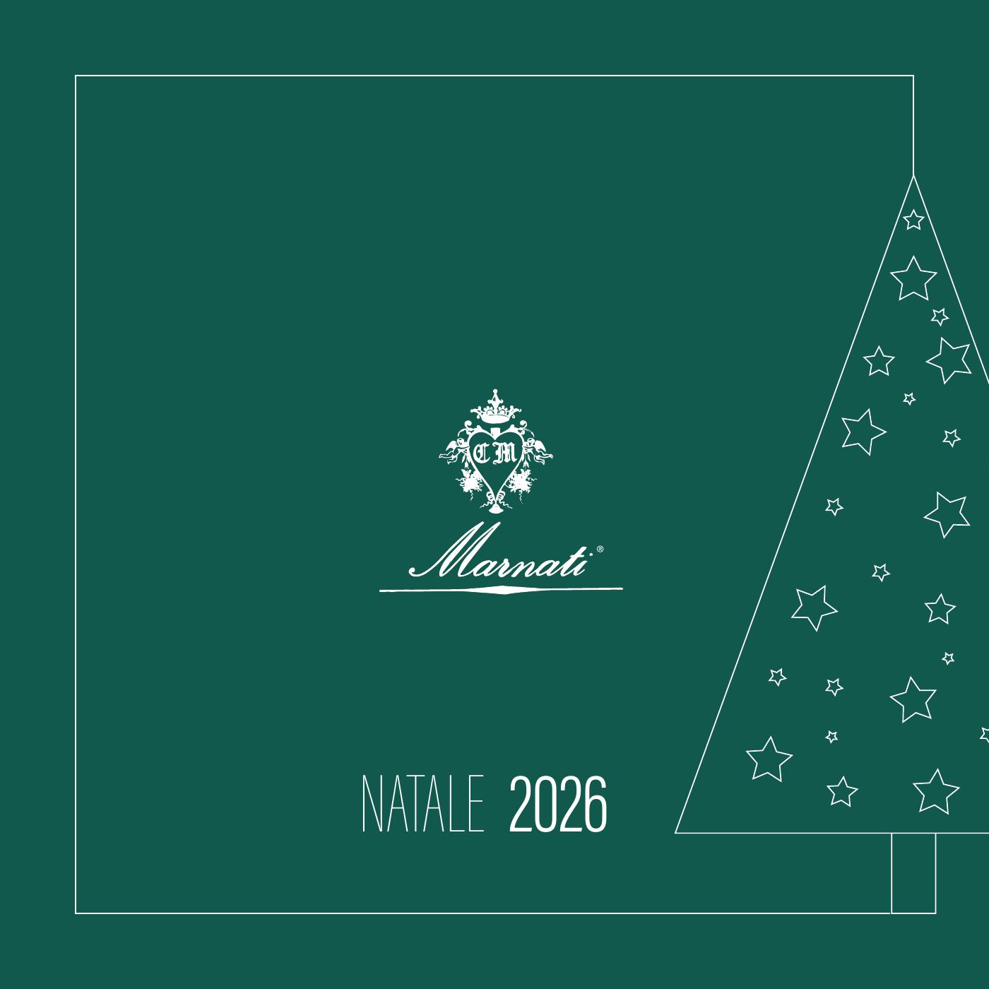 Obálka vánočního katalogu Marnati NATALE 2026 se stylizovaným vánočním stromkem na tmavě zelené obálce