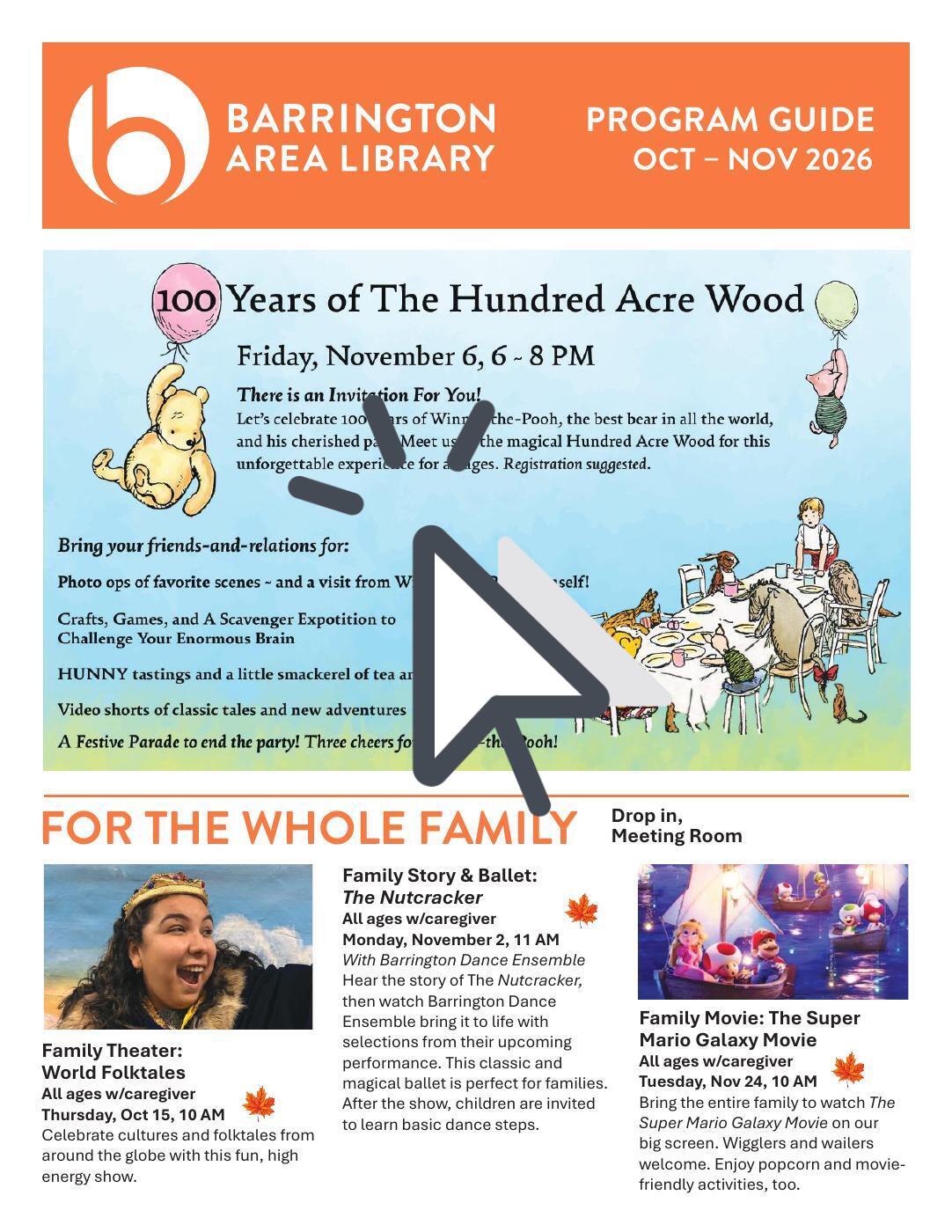 Read an online interactive version of the October and November 2026 Barrington Area Library Program Guide, using a service called Heyzine